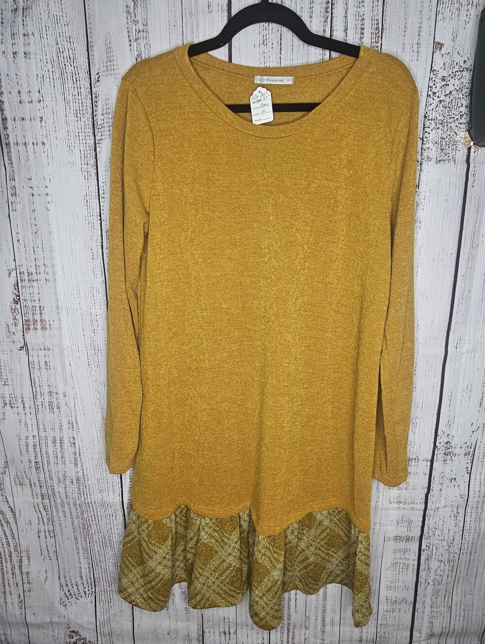 Plus-Size Mustard Long-Sleeve Ruffle-Hem Dress - Picture 2 of 5